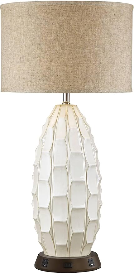 Possini Euro Design Cosgrove Mid Century Modern Coastal Table Lamp with USB and AC Power Outlet Workstation Charging Base Oval 32.75" Tall White Ceramic Beige Fabric Drum Shade for Living Room