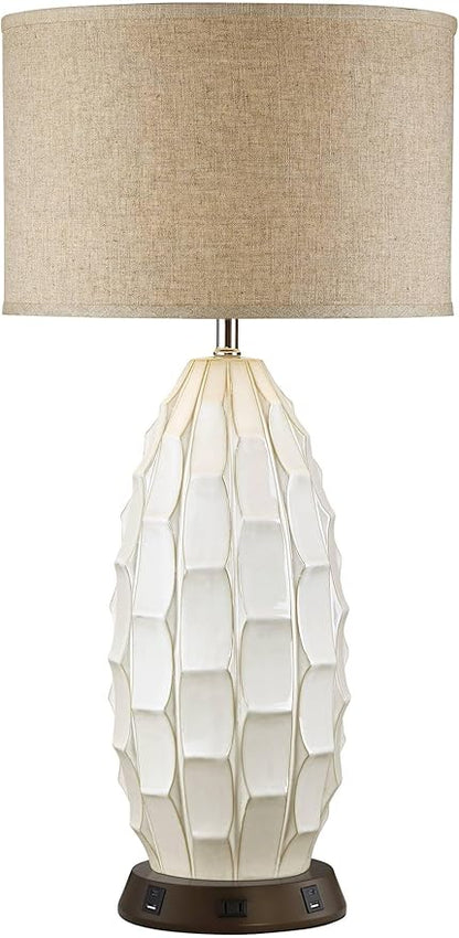 Possini Euro Design Cosgrove Mid Century Modern Coastal Table Lamp with USB and AC Power Outlet Workstation Charging Base Oval 32.75" Tall White Ceramic Beige Fabric Drum Shade for Living Room