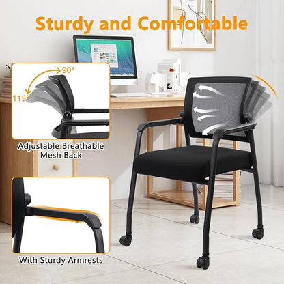 Office Guest Chairs No Wheels | Ergonomic Lumbar Support and Thicked Seats Cushion, Desk Chair with Adjustable Mesh Back for Waiting Room School Church Reception，Black 2PK