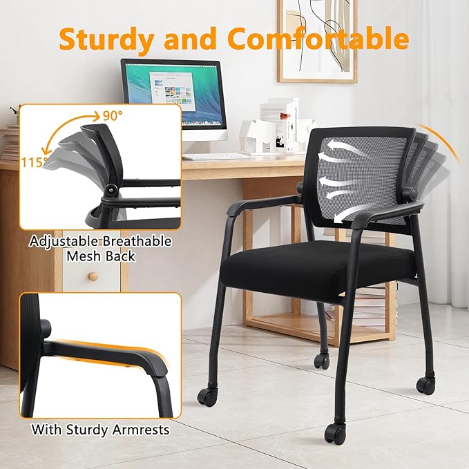 8PK Office Guest Chairs No Wheels | Ergonomic Lumbar Support and Thicked Seats Cushion, Desk Chair with Adjustable Mesh Back for Waiting Room School Church Reception，Black