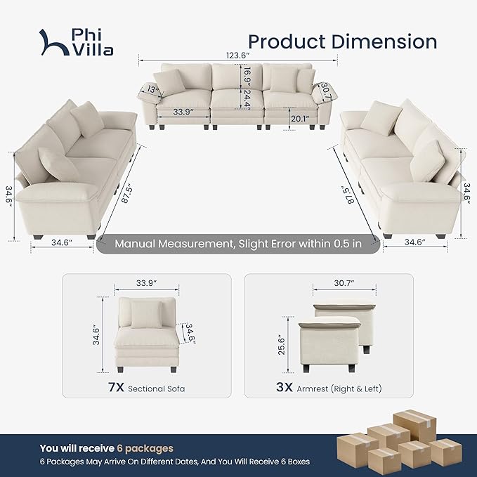PHI VILLA Cloud Modular Couches Sets, 3 Pieces Large Sectional Sofa Set with Loveseats, 7-Seater Upholstered Couch for Living Room, Chenille Fabric, Beige