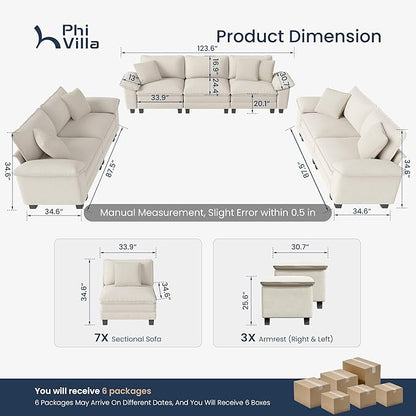 PHI VILLA Cloud Modular Couches Sets, 3 Pieces Large Sectional Sofa Set with Loveseats, 7-Seater Upholstered Couch for Living Room, Chenille Fabric, Beige