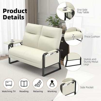 Faux Leather Loveseat, Upholstered Loveseat with Side Tray Table & Storage Pocket, Small Loveseat for Living Room, Modern 2 Seater Sofa Couch for Small Spaces, Bedroom, Beige