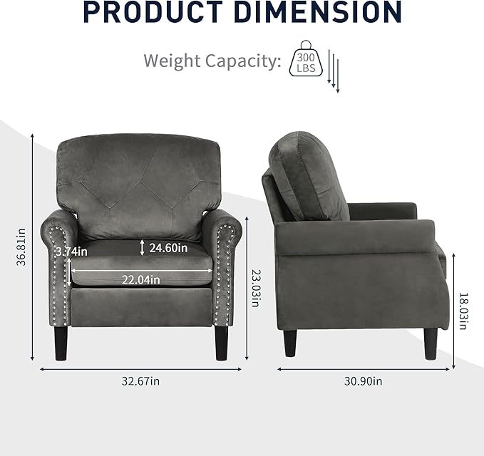 Accent Chair for Living Room, Mid-Century Modern Upholstered Armchair, Comfy Velvet Chair w/Wood Legs & Nailhead Trim, Wingback Chair for Bedroom, Grey