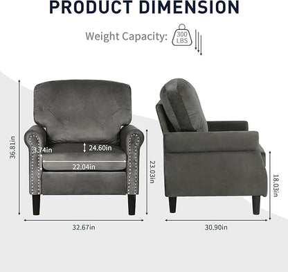 Accent Chair for Living Room, Mid-Century Modern Upholstered Armchair, Comfy Velvet Chair w/Wood Legs & Nailhead Trim, Wingback Chair for Bedroom, Grey