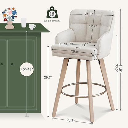 360°Swivel Counter Height Bar Stools with Back, 30 inch Solid Wood Legs, Bar Stool Modern Kitchen Island Chairs, Fabric (Beige- Fabric, 30" H- Set of 3)
