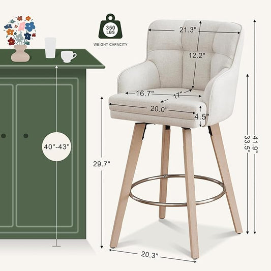 360°Swivel Counter Height Bar Stools with Back, 30 inch Solid Wood Legs, Bar Stool Modern Kitchen Island Chairs, Fabric (Beige- Fabric, 30" H- Set of 4)