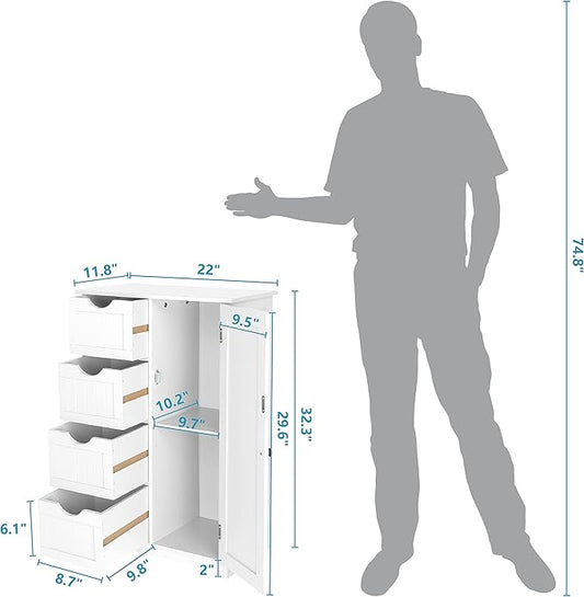 VINGLI White Bathroom Storage Cabinet with 4 Drawers 1 Cupboard Side Storage with Adjustable Shelf, Wood Bathroom Floor Cabinet with Drawers Also for Kitchen, Entryway, Bedroom, 22" Wx11.8 Dx32.3 H
