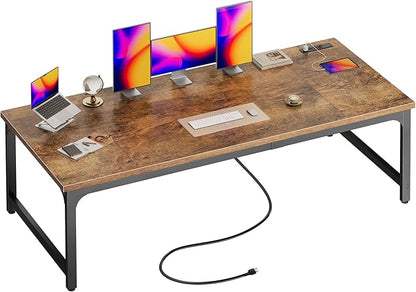 Huuger 71 x 31.5 Inch Desk with Power Outlets & USB-C, 1.2 Inch Thicker Desktop, Robust Metal Tubes, Deep Computer Desk, Heavy Duty Office Desk, Work Desk for Home Office, Rustic Brown