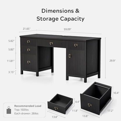 59" Executive Desk with File Drawers Cabinet, Modern Computer Desk with Charging Station, Keyboard Tray, Large Home Office Desk, Farmhouse Wood Desk for Study, Writing, Black