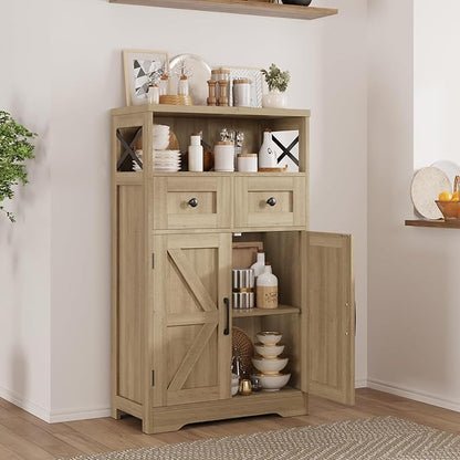 Natural Storage Cabinet with Doors and Shelves, Standing Kitchen Pantry Cabinet, Floor Storage Hutch Cupboard, Coffee Bar Station for Dining, Living Room, Home Office