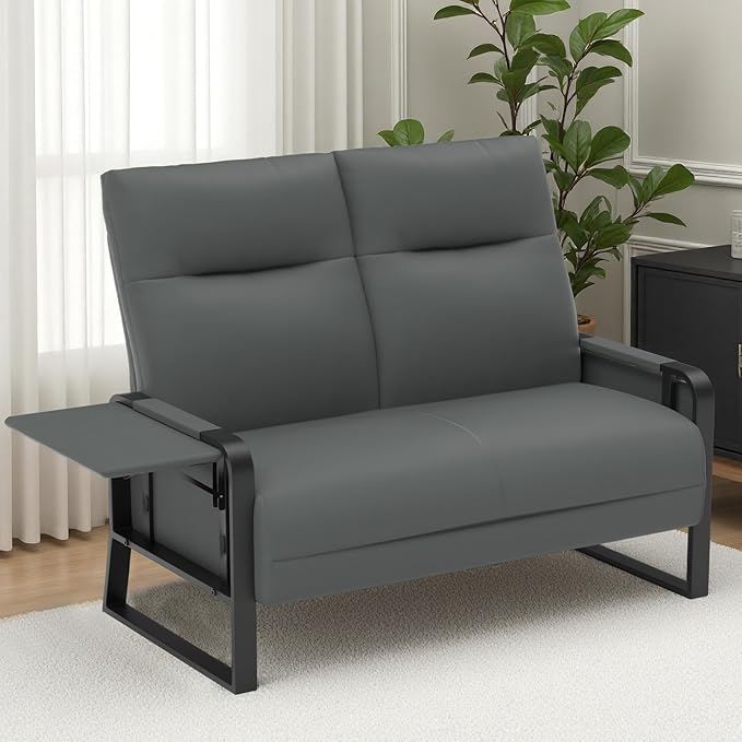 Faux Leather Loveseat, Upholstered Loveseat with Side Tray Table & Storage Pocket, Small Loveseat for Living Room, Modern 2 Seater Sofa Couch for Small Spaces, Bedroom, Gray