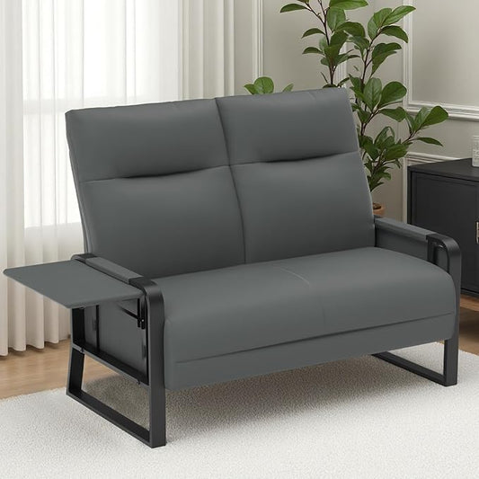 Faux Leather Loveseat, Upholstered Loveseat with Side Tray Table & Storage Pocket, Small Loveseat for Living Room, Modern 2 Seater Sofa Couch for Small Spaces, Bedroom, Gray