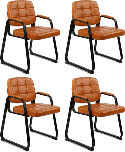 CLATINA Waiting Room Chairs with Padded Arms Leather Guest Chair no Wheels for Office Reception and Conference Desk with Sled Base Orange, 4PK