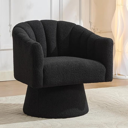 Swivel Accent Chair,Upholstered Teddy 360° Swivel Barrel Chair for Living Room Overstuffed Bouncle Reading Chair Round Armchair for Bedroom,Vanity,Office-Black