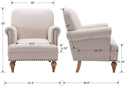 Linen Accent Chairs Set of 2 Mid-Century Modern Living Room Armchair with Nailhead Trim & Wood Legs Comfy Upholstered Single Sofa Chair for Lounge/Bedroom/Reception, Cream