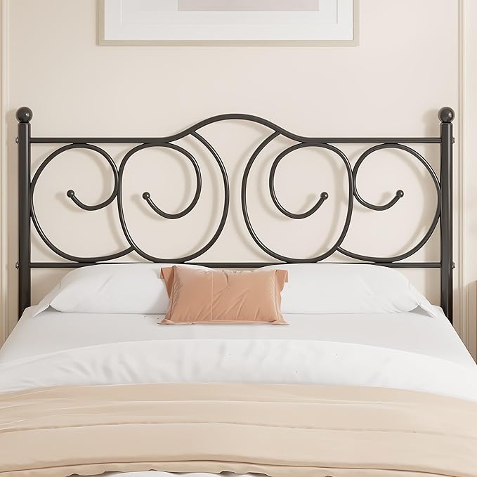 VECELO Metal Full Size Headboard, Heavy Duty Curved Headboard Only Height Adjustable, Easy to Assembly, Farmhouse Victorian Style for Bedroom - Black, Full