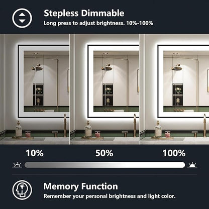 36x30 Inch LED Bathroom Mirror with Lights (Front Lit and Backlit) Black Framed Lighted Vanity Mirror for Bathroom Wall Dimmable Anti-Fog Memory Tempered Glass Horizontal/Vertical