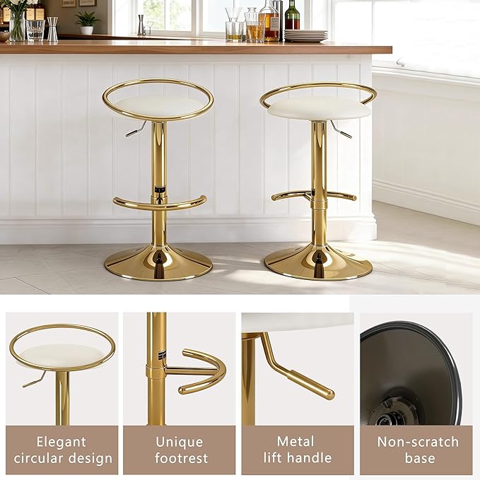Bar Stools Set of 2, Adjustable Swivel Counter Height Barstools with Upholstered Seat, PU Leather Counter Stools for Bar, Kitchen Island, Dining Room, Gold