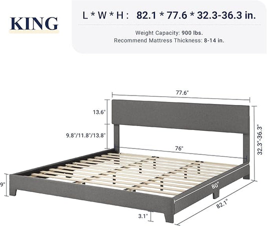 Allewie King Size Bed Frame with Adjustable Headboard, Upholstered Platform Bed with Wood Slats, Heavy Duty Mattress Foundation, No Box Spring Needed, Noise-Free, Easy Assembly, Dark Grey