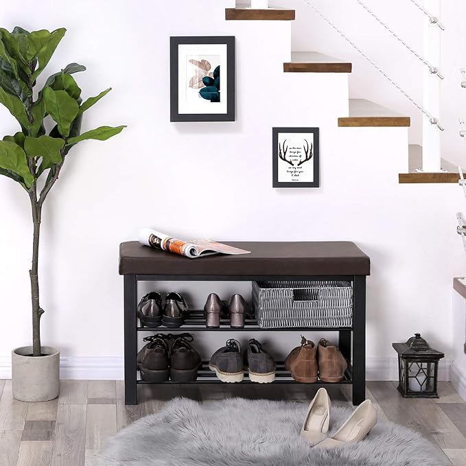 SONGMICS Shoe Bench, 3-Tier Shoe Rack for Entryway, Storage Organizer with Foam Padded Seat, Faux Leather, Metal Frame, for Living Room, Hallway, 12.2 x 31.9 x 19.3 Inches, Brown ULBS58Z