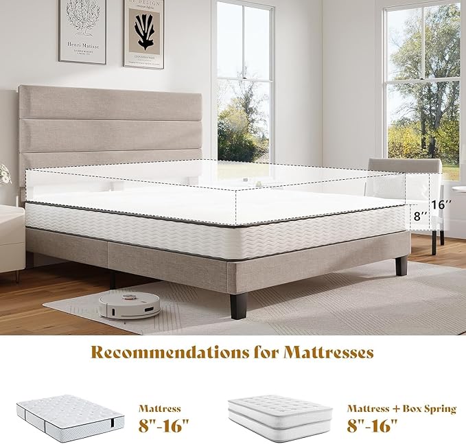 AMERLIFE Full Bed Frame with Linen Upholstered Headboard, Modern Platform Bed with Wooden Slats Support, Noise-Free, No Box Spring Needed, Easy Assembly, Beige