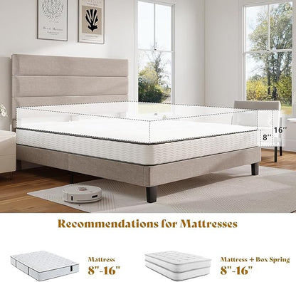 AMERLIFE Full Bed Frame with Linen Upholstered Headboard, Modern Platform Bed with Wooden Slats Support, Noise-Free, No Box Spring Needed, Easy Assembly, Beige