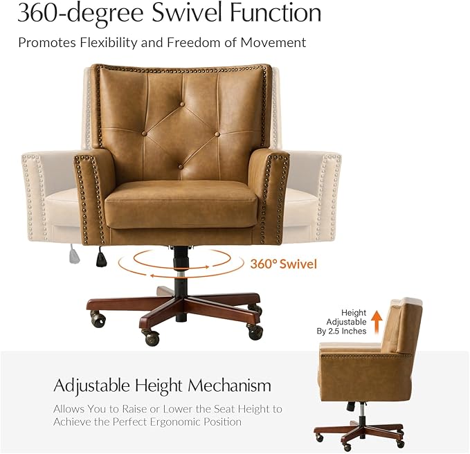 HULALA HOME Modern Home Office Chair with Tilt Lock & Metal Base, Desk Chair with 360° Swivel & Tilt Function, Height Adjustable, Wide Seat Computer Task Chair with Wheels & Padded Cushion, Camel