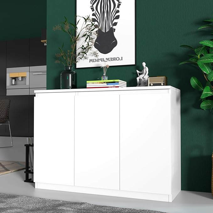 White Buffet Storage Cabinet with 3 Door, 43" W Coffee Bar Cabinet, Kitchen Buffet Sideboard for Living Room, Kitchen, 43.3" W x 31.5" H