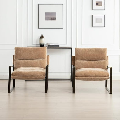 HEAH-YO Modern Accent Chairs Set of 2, Upholstered Chenille Living Room Chairs with Bronze Metal Legs, Comfy Arm Side Chairs for Bedroom, Khaki
