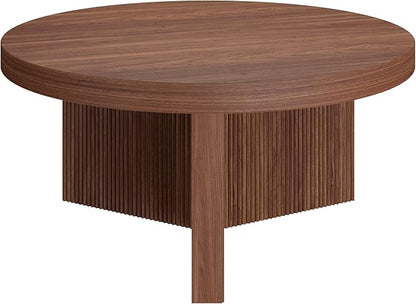 Henn&Hart 32" Fluted Round Low-Profile Coffee Table with Ribbed Pedestal Base Living Room, Family Room, Office, or Apartment, Satin Walnut