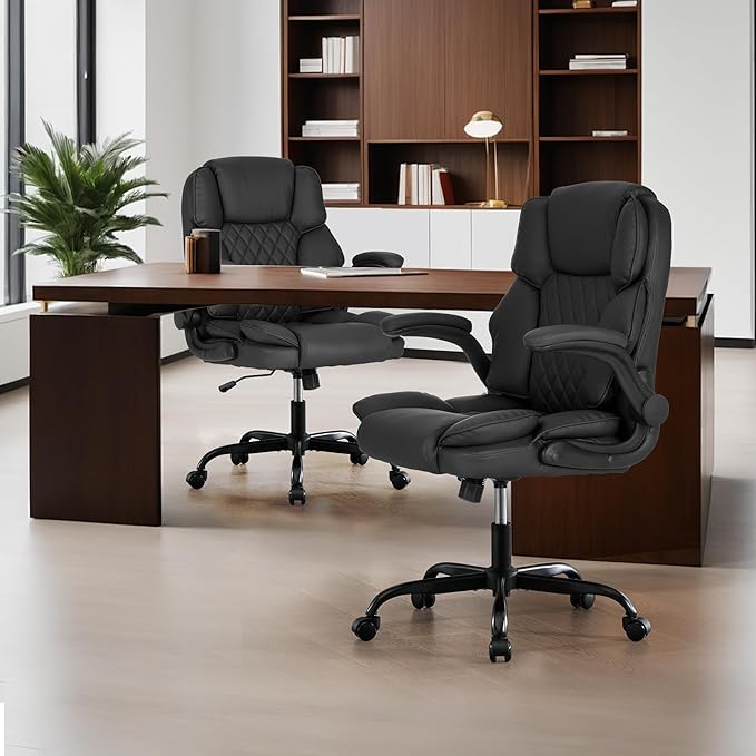Office Desk Chair, Conference Room Chairs, Mid Back Executive Leather Chair,Ergonomic Home Computer Chair, Modern Office Chair with Adjustable Flip-Up Arms and Rocking Function (Black)