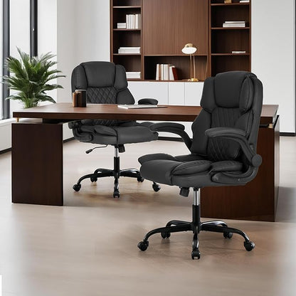 Office Desk Chair, Conference Room Chairs, Mid Back Executive Leather Chair,Ergonomic Home Computer Chair, Modern Office Chair with Adjustable Flip-Up Arms and Rocking Function (Black)