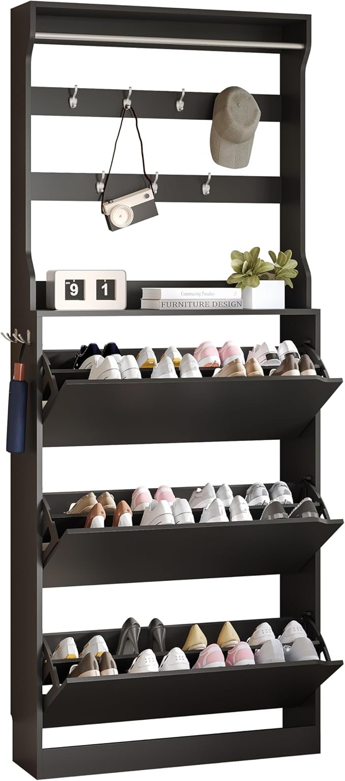 Tall Shoe Cabinet with Coat Rack, Hidden Shoe Storage Cabinet with Doors & Drawer, Hanging Bar & Hooks, Slim Narrow Freestanding Shoe Rack Organizer for Entryway, Hallway & Living Room, Black