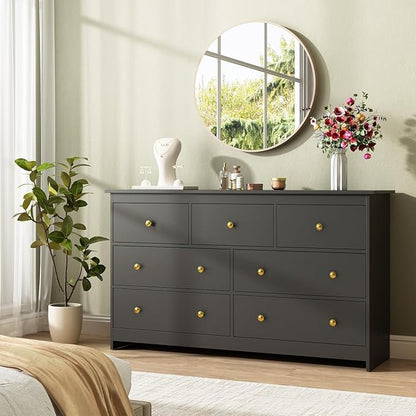 Black Dresser for Bedroom, 7 Drawer Dresser with Metal Handles, 55 Inch Wide Wood Chest for Living Room, Hallway