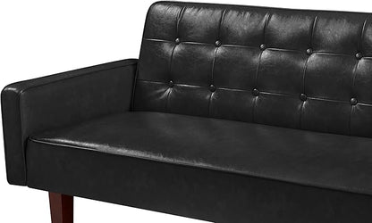 74" Loveseat Sofa with Vintage Button Tufting, Faux Leather Convertible Sleeper Futon Sofa Bed with Spring Cushion and Wood Legs for Apartments, Offices, Reception Areas, Living Rooms, Black