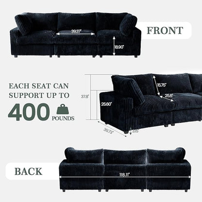 Modern Modular Sectional Sofa Couch, 118.11" Oversized Cloud Sectional Couches, 3 Seat Comfy Modular Sofa for Living Room, Plush Couch Cushion Covers Removable, Black