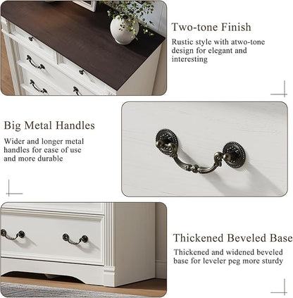 Yaamizz Farmhouse Dresser for Bedroom, 47" Tall 6 Drawer Dresser Storage with Wood Pilasters and Metal Handles, Vintage Design, Drawer Organizer for Bedroom, Hallway, White