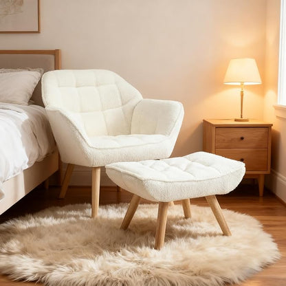 Small Accent Chair with Ottoman, Sherpa Upholstered Lounge Chair with Footrest, Comfy Reading Armchair with Wood Legs for Living Room Bedroom, White