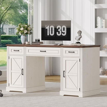 ONBRILL 59 inch Farmhouse Executive Desk with Drawers, Home Office Desk with File Cabinet, Outlets, Storage Cabinet, Keyboard Tray, Wood Computer Desk for Work Study Writing (Off White & Walnut)