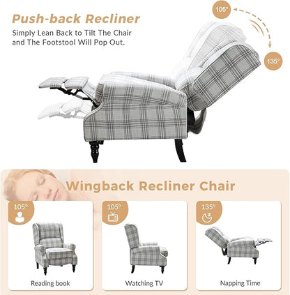 HULALA HOME Upholstered Wingback Recliner Chair, Small Adjustable Footrest Push Back Single Reclining Sofa, Mid Century Modern Lounge Armchair for Living Room, Bedroom, Reading/Plaid Grey