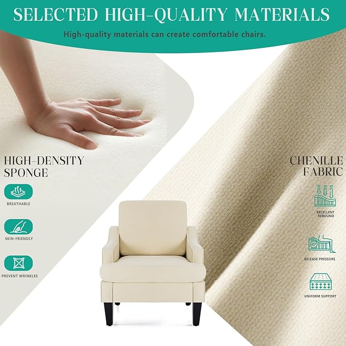 Modern Accent Chair for Bedroom Upholstered Reading Chair with Side Pockets Comfy Living Room Chairs Living Room Armchair for Office, Apartment, Small Room (Beige)