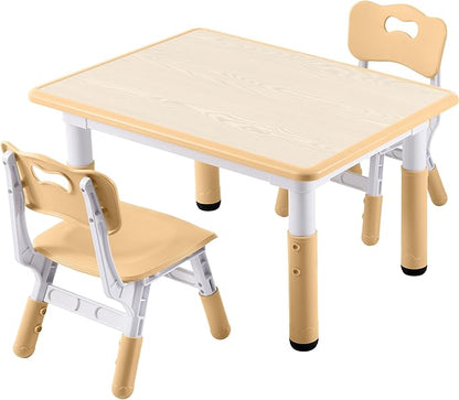 Kids Study Table and Chairs Set, Height Adjustable Toddler Table and Chair Set for Kids Ages 3-8, 31.5" L x 23.6" W Graffiti Desktop Plastic Children Art Table with 2 Seats, Brown