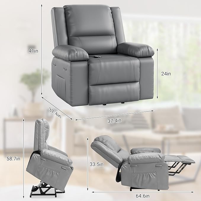 PU Leather Electric Power Lift Chair, Recliner Massage Chair with Remote Control and Side Pocket for Elderly, Power Lift Recliner Sofa with Heat and Massage for Living Room, Bedroom, Gray