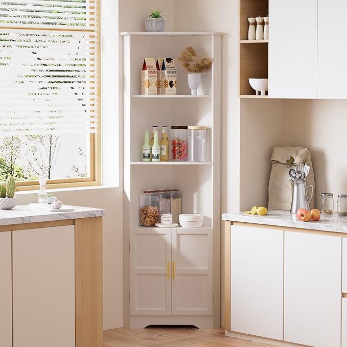 67'' Tall Corner Cabinet with 2 Doors and Storage Shelves,Modern Storage Cabinet with Barn Door Design, Home Space Saver for Living Room, Kitchen, Bathroom, Laundry Room, White