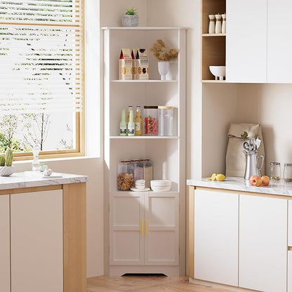 67'' Tall Corner Cabinet with 2 Doors and Storage Shelves,Modern Storage Cabinet with Barn Door Design, Home Space Saver for Living Room, Kitchen, Bathroom, Laundry Room, White