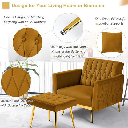 Velvet Accent Chair with Adjustable Armrests and Backrest, Button Tufted Lounge Chair, Single Recliner Armchair with Ottoman and Pillow for Living Room, Bedroom, Ginger