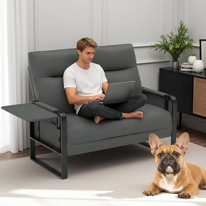 Faux Leather Loveseat, Upholstered Loveseat with Side Tray Table & Storage Pocket, Small Loveseat for Living Room, Modern 2 Seater Sofa Couch for Small Spaces, Bedroom, Gray