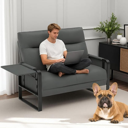 Faux Leather Loveseat, Upholstered Loveseat with Side Tray Table & Storage Pocket, Small Loveseat for Living Room, Modern 2 Seater Sofa Couch for Small Spaces, Bedroom, Gray