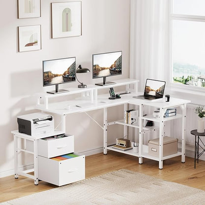Office Desk L Shape with File Drawers&Power Outlet,YOUNGAR 69.3 Inch Reversible L Shaped Computer Desks,Corner L Shape or Long Desk Set up Monitor Stand &Storage Shelves LED Lights&CPU Stand,All White